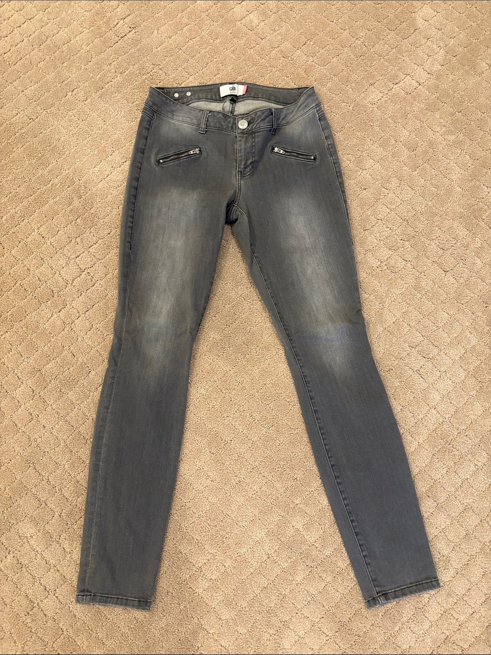 CAbi Slate Grey Skinny Jeans with Zip Pocket Accents